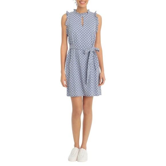 London Times Blue White Floral Daisy Eyelet Ruffle Shirt Dress 4P P4 4 Petite - Picture 1 of 13